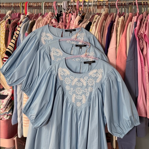 051 • Cornflower Blue Cotton Midi Dress | Boho Baby Doll Eyelet Wheat Embroidery - Picture 8 of 10